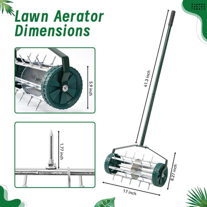 18-Inch Spike Rolling Lawn Aerator for Grass. Heavy Duty Manual Push Aerator Lawn Tool,Soil Health for Garden&Yard Tool(Green)