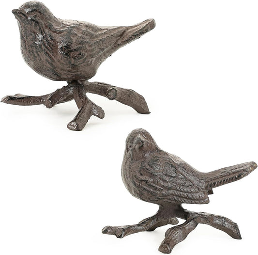 Sungmor Cast Iron Small Bird Statues, Set of 2 Realistic Rust Brown Bird with Branch Collectible