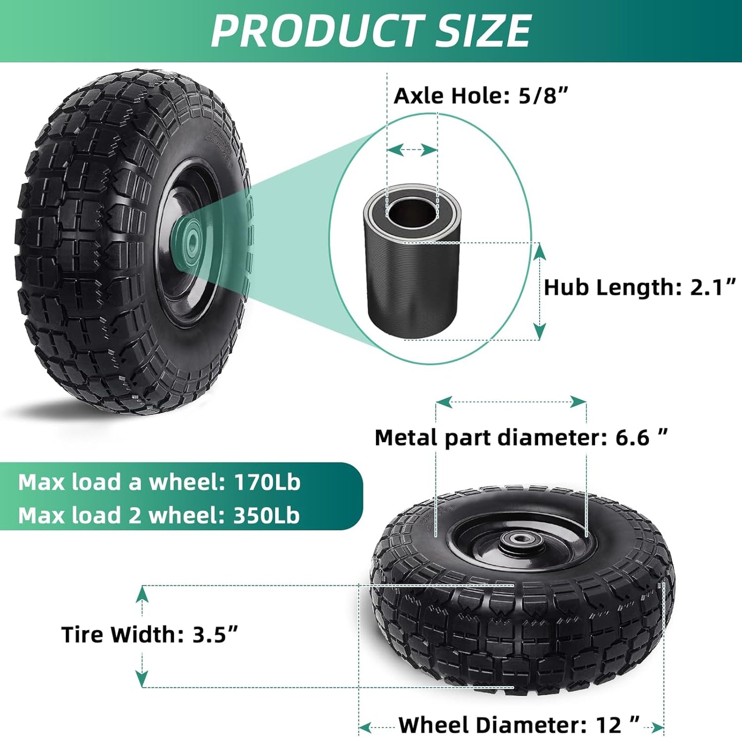 12'' Flat Free Tires Rubber Replacement Solid Tire and Wheel Assemblies for Hand Trucks Garden Cart Wheelbarrow - 3.5”Wide Polyurethane Tires 2.1 Hub with 5/8 Inch Axle Borehole (410/350-6)