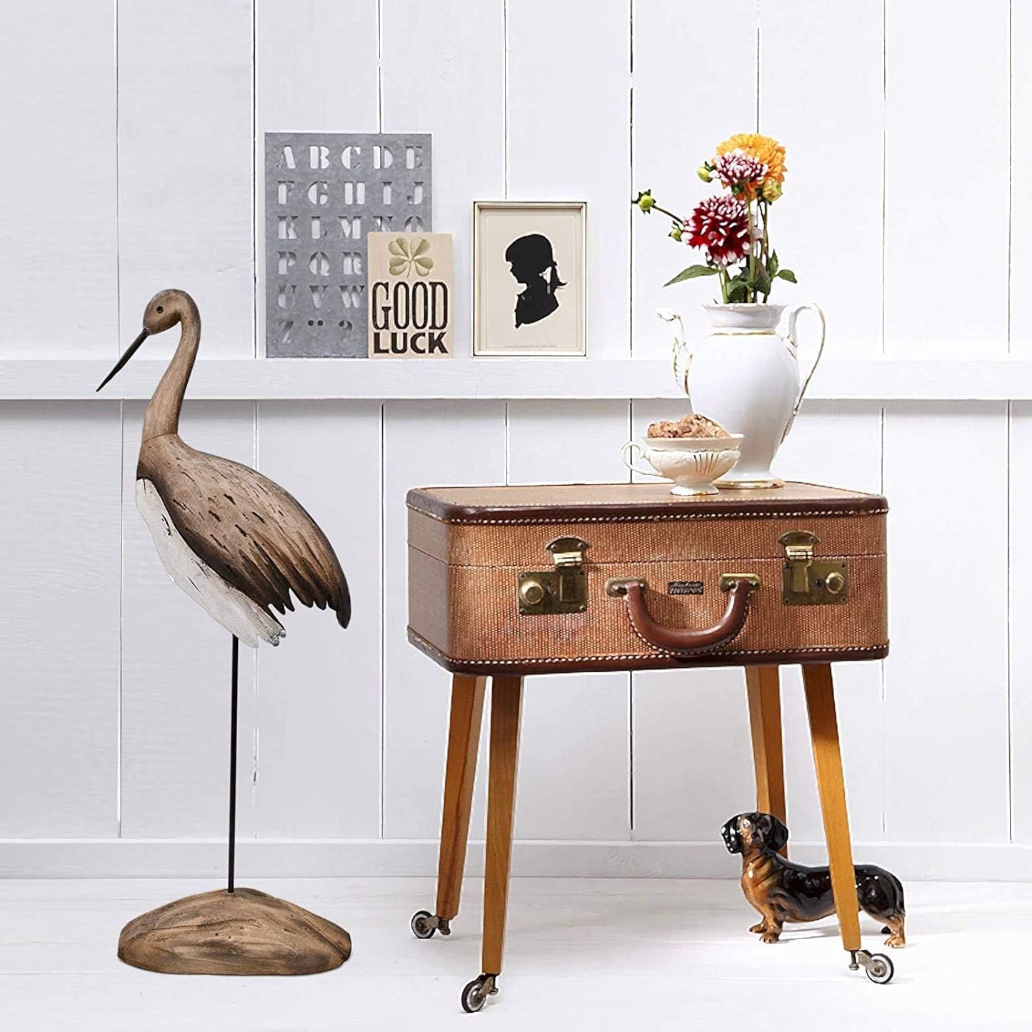 Morning View Wooden Crane Decor Wood Sea Birds Statue Bird Figurines Seabird Statue Standing Cranes Decorations Coastal Sculpture Nautical Beach Ocean Home Table Garden Yard Lawn Outdoor 24.5 Inch