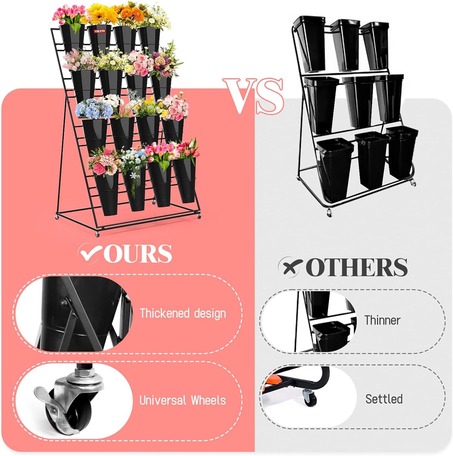 Flower Display Stand with Buckets, 4 Layers 16 PCS Buckets Plant Stand with Wheels, Movable Metal Plant Stand for Terrace Garden, Living Room, Florist Shop (Black Frame - Black Buckets, 4-Tier)