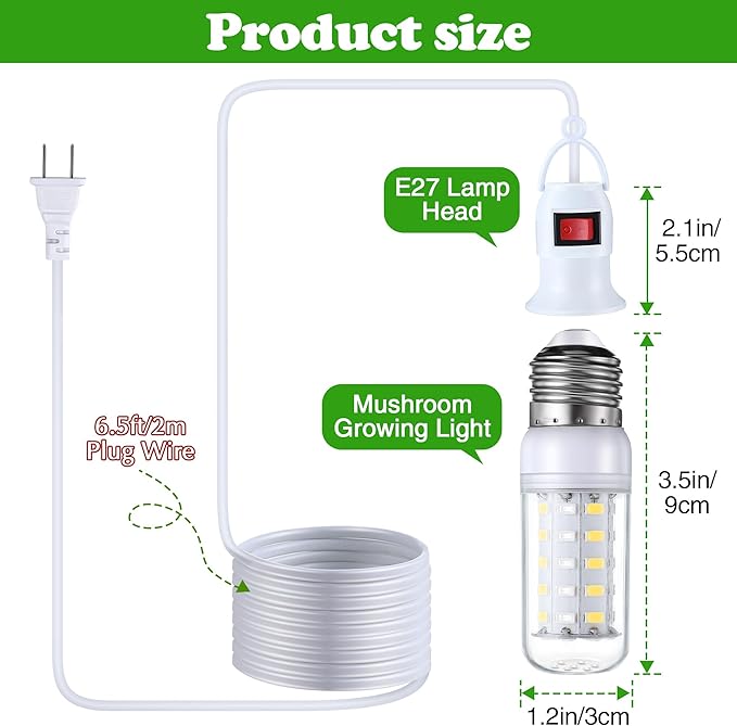 Meonum 2 Pack LED Mushroom Grow Light, Dual Spectrum Grow Light with 4.9 ft Extension Cord, 360° Hanging Mushroom Growing Lamp with White Blue LEDs for Indoor Plants