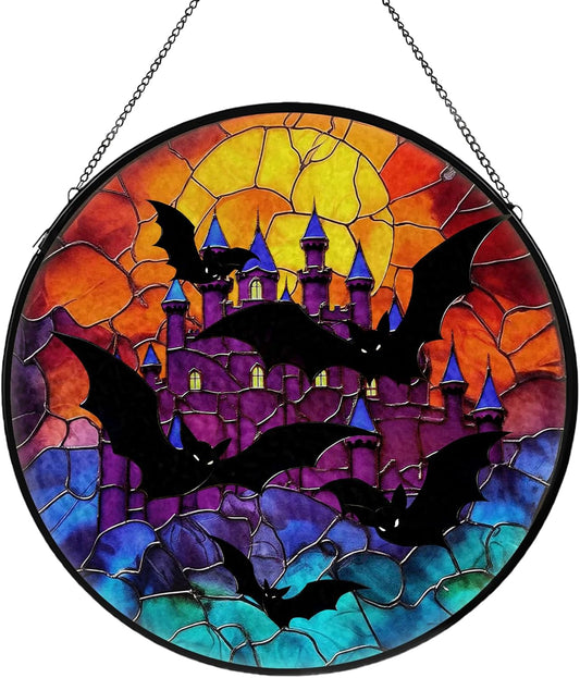 Halloween Stained Glass Window Hanging, Bat Suncatcher for Window Hanging, Moon Sun Catchers Indoor Windows Wall Art, Gifts for Bat Lovers, Christmas Decor, for Home Garden Office 7.87 inches