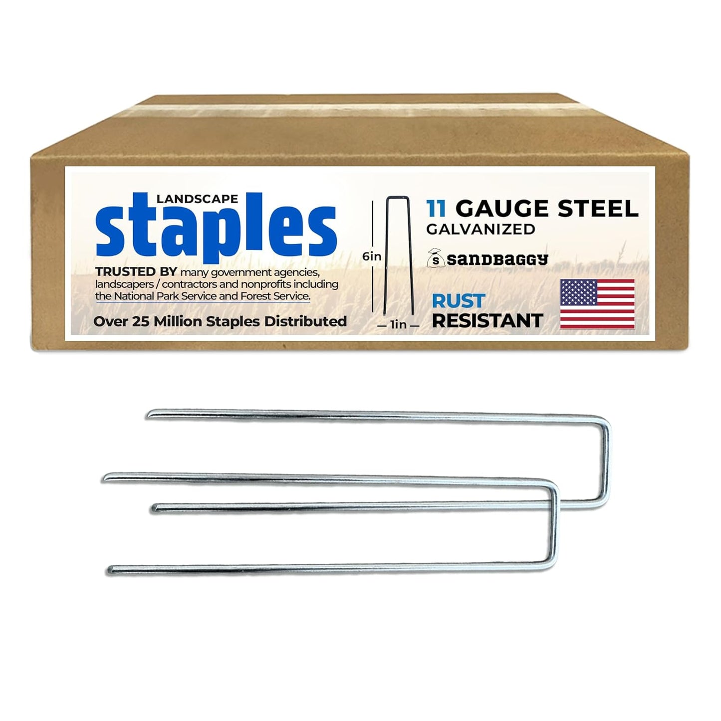 Sandbaggy USA Made 6-inch Landscape Staples - Garden Stakes - Landscaping Fabric, Netting, Sod, Artificial Turf (Standard (Galvanized), 5000)