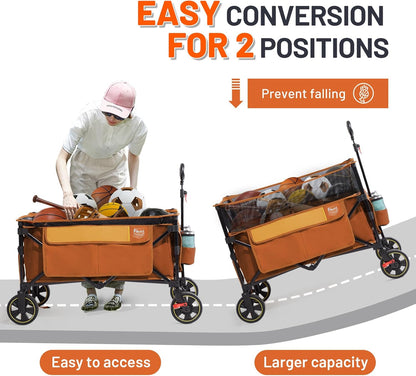 TIMBER RIDGE 350L Extra Large Collapsible Folding Wagon Carts with Brake, Heavy Duty Outdoor Camping Utility Wagons with Extended Height, Adjustable Handle, Cup Holders, Side Bag(Orange)