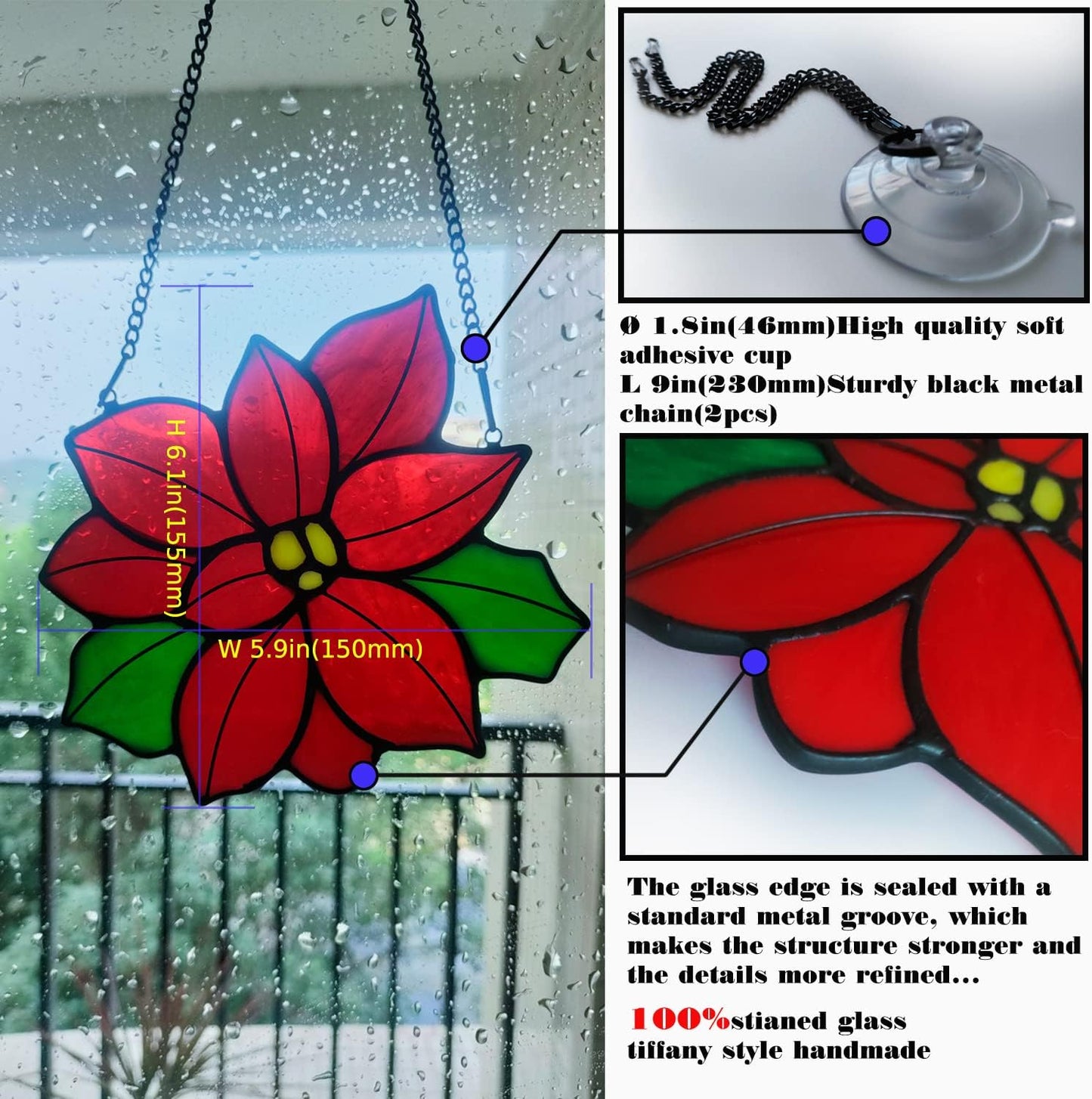 Stained Glass Poinsettia Flower Window Hanging Christmas Sun Catchers Holiday Decoration Window Panels Birthday Gifts for mom,Woman and Friends (red)