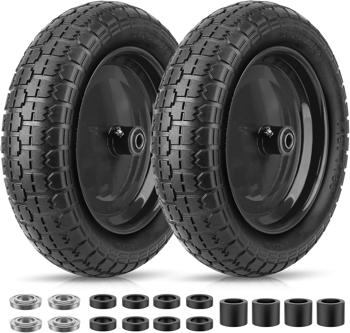 TICONN 4.80/4.00-8 Tire, 16" Flat Free Wheelbarrow Tire and Wheel, Solid Replacement Tires, 5/8" 3/4" Bearings, Universal Fit 4.80/4.00-8, 3.50/3.00-8, 4.00-6 (16" Black, 2PK)