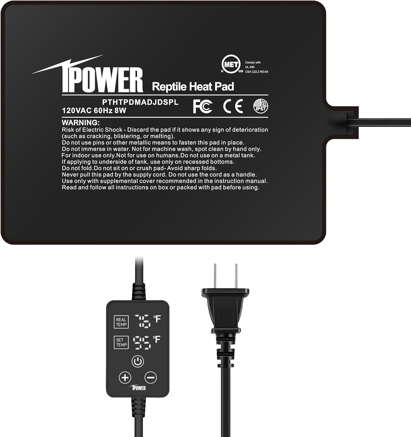 iPower 6 by 8 Inch 8W Reptile Heating Pad with Adjustable Thermostat, Under Tank Warmer Terrarium Heat Mat for Turtles/Snakes/Lizards/Frogs, and Other Reptiles