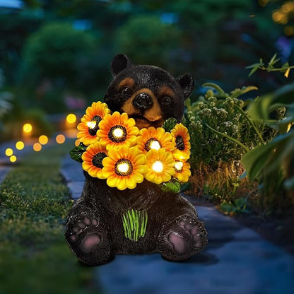 Solar Garden Decor Black Bear Outdoor Statue, Outdoor Patio Sculpture Decor LED Lights Gifts for Mom or Daughter, Garden Statues Birthday Gifts for Women Home and Yard