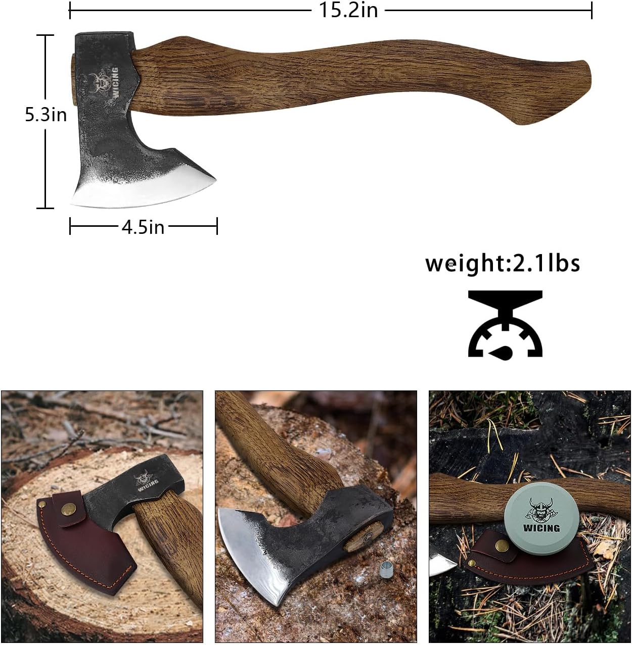 Camping Hatchet - 15.2 inches Chopping Axe for Wood Splitting and Kindling, 1065 High Manganese Steel and Beech Wooden Handle, with Leather Sheath