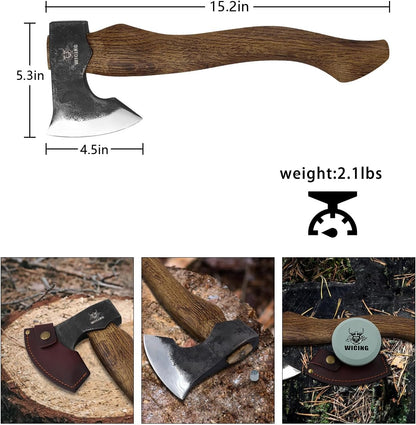 Camping Hatchet - 15.2 inches Chopping Axe for Wood Splitting and Kindling, 1065 High Manganese Steel and Beech Wooden Handle, with Leather Sheath