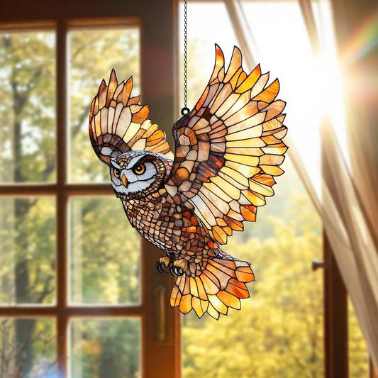 Flying Owl Acrylic Suncatcher Stained Glass Effect Window Car Hanging Christmas Ornament Indoor