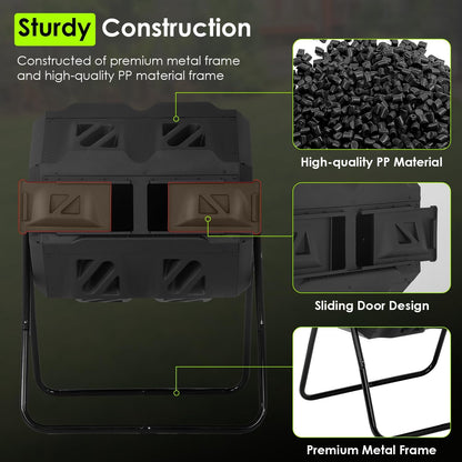 43 Gallon Compost Bin Outdoor Tumbling Composting Bins Compost Tumbler Bucket Trash Can w/Dual Chamber Sliding Doors for Garden Patio,Black Door