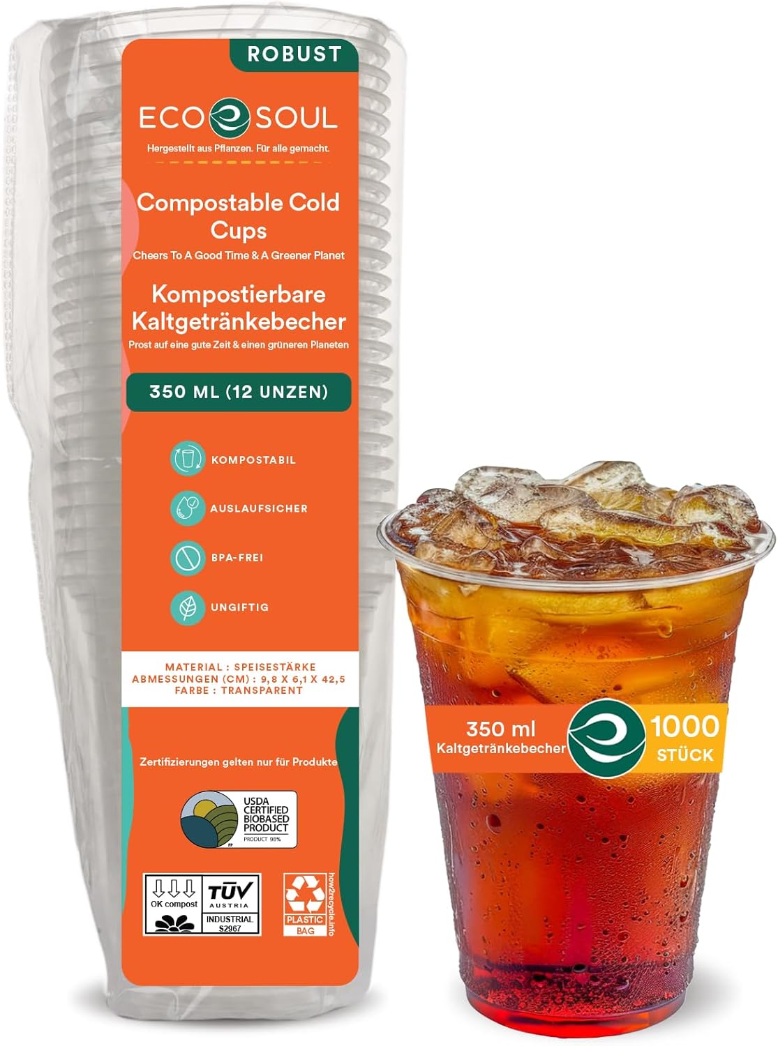 ECO SOUL 100% Clear Compostable Party Cups | (1000 Count, 12 oz) | Disposable | Biodegradable | Plant Based Eco-friendly Alternative to Paper & Plastic Cups | For Weddings & Gatherings