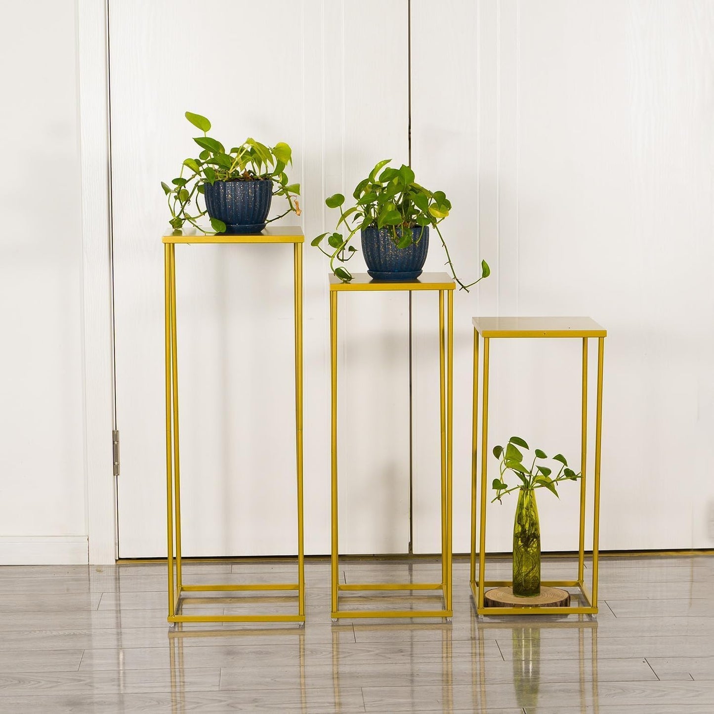 VINCIGANT Gold Pedestal Stand for Party ,Set of 3 Metal Plant Stand Tall Cake Cylinder Pedestal Stand for Wedding Flower Vase , Corner Planter Pot Rack for Living Room Patio Decor