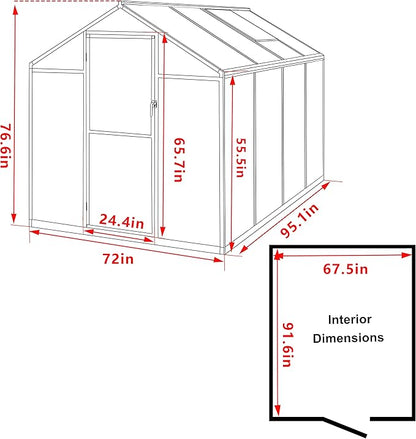 BlueWish 6x8FT Greenhouse, Walk-in Green House with Adjustable Vents, Rivet Structure, Greenhouses for Outdoors with Polycarbonate, Aluminum Heavy Duty Greenhouse Kit for Garden, Gray
