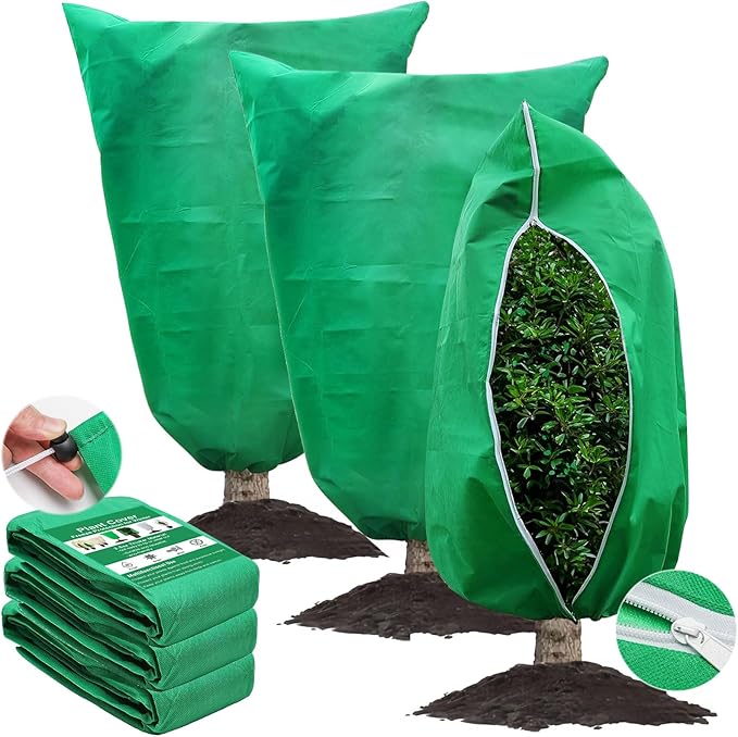 3 Pcs Large Plant Covers Freeze Protection 47.5" X 71.2" ,Reusable Winter Cold Weather Frost Blankets for Outdoor Plants with Drawstring and Zipper,Outdoor Tree Jackets (L:47.5" x 71.2", Green)