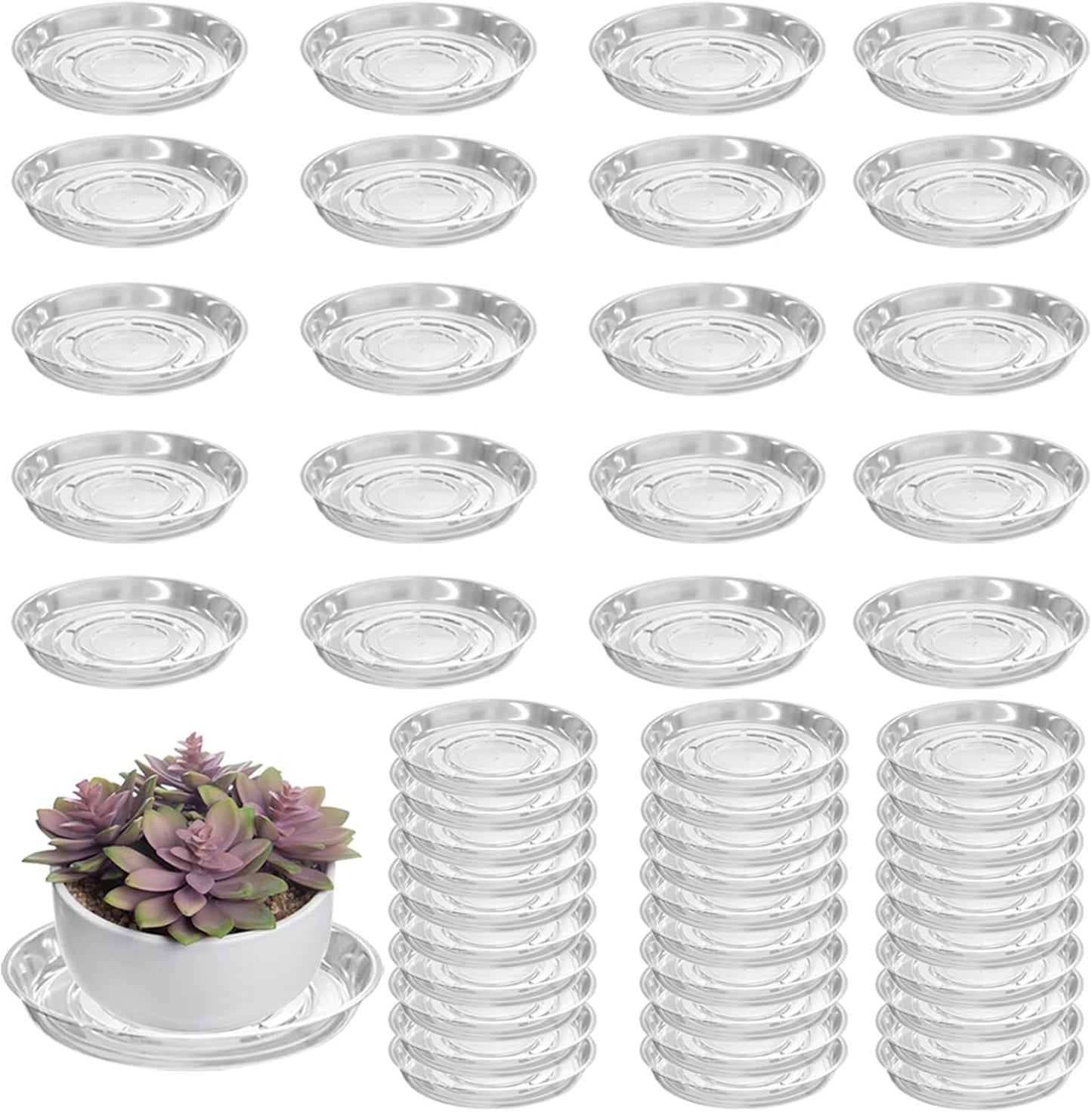 50 Packs 4" Small Clear Plant Saucers for Indoor Outdoor Use Heavy Duty Plastic Plant Trays for Planter Bulk Flower Pot Drip Trays to Catch Water, 4 to 20 Inch, Round Transparent