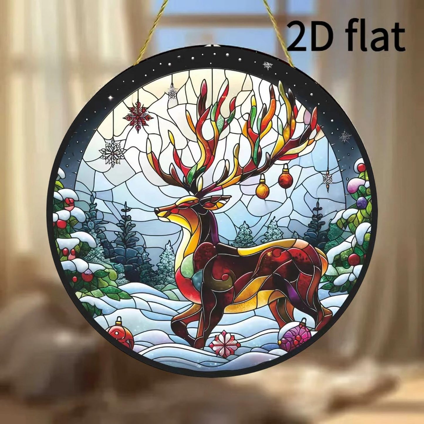 7.87inch Christmas Sun Catcher for Window Hanging with Elk Designs Round Acrylic Hanging Suncatcher for Garden Decor ，Wall Home, Kitchen, Housewarming Women Neighbor Winter Xmas Decor Gifts