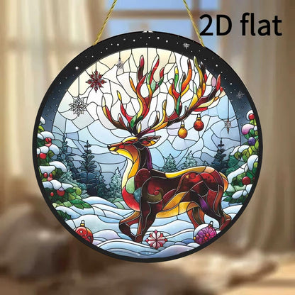 7.87inch Christmas Sun Catcher for Window Hanging with Elk Designs Round Acrylic Hanging Suncatcher for Garden Decor ，Wall Home, Kitchen, Housewarming Women Neighbor Winter Xmas Decor Gifts