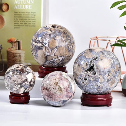 JIC Gem Large Blue Cherry Blossom Agate Crystal Ball with Stand Crystal Sphere Natural Sakura Flower Agate Stone Reiki Healing Meditation Witchcraft Home Decor 4 inch(100mm)