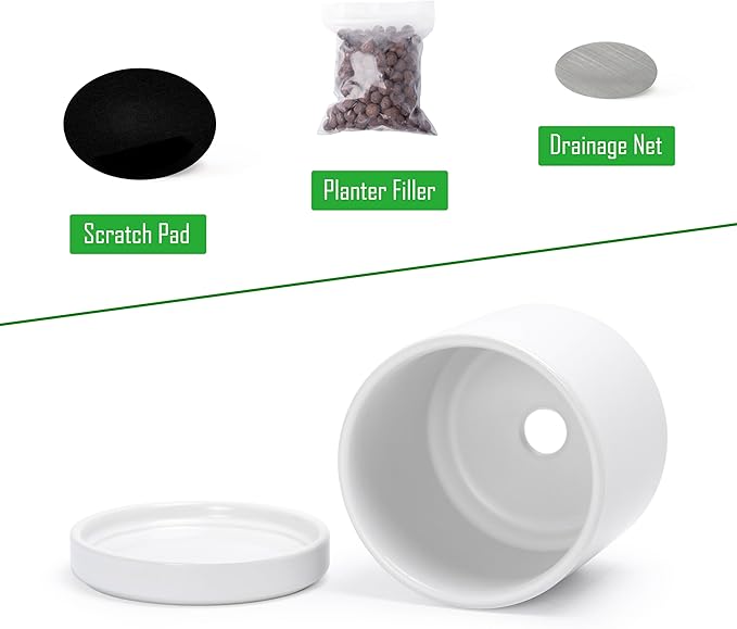 D'vine Dev Set of 2 Plants Pots, 3.5 Inch Ceramic Planter Pot for Plants with Drainage Hole and Saucer, White, 94-V-A-1