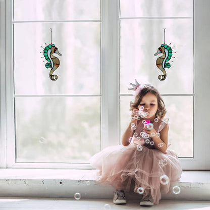 Seahorse Decor Stained Glass Window Hanging,Sea Nautical Gift Suncatcher Hanging Ocean Theme Decor for Living Room,Bathroom,Kitchen,Birthday Gifts for Mom,Women