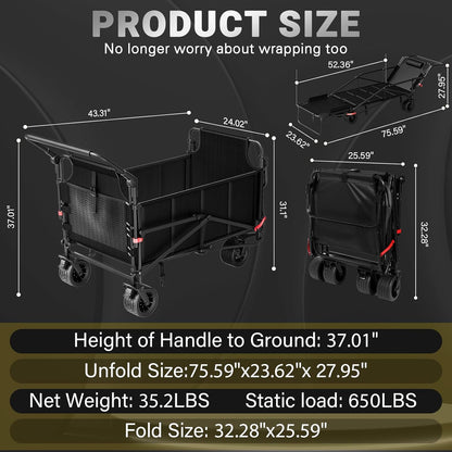 LEVELEVE Heavy Duty Folding Wagon - 2-in-1 Collapsible Cart, 650lb Capacity, All-Terrain Wheels w/Brakes & Side Pockets (Black)