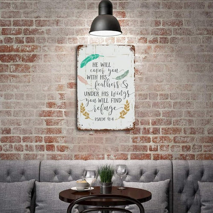 He Will Cover You with His Feathers And Under His Wings Metal Sign Inspirational Bible Verse Metal Plate Vintage Christian Religious Faith Tin Signs Wall Art 8x12