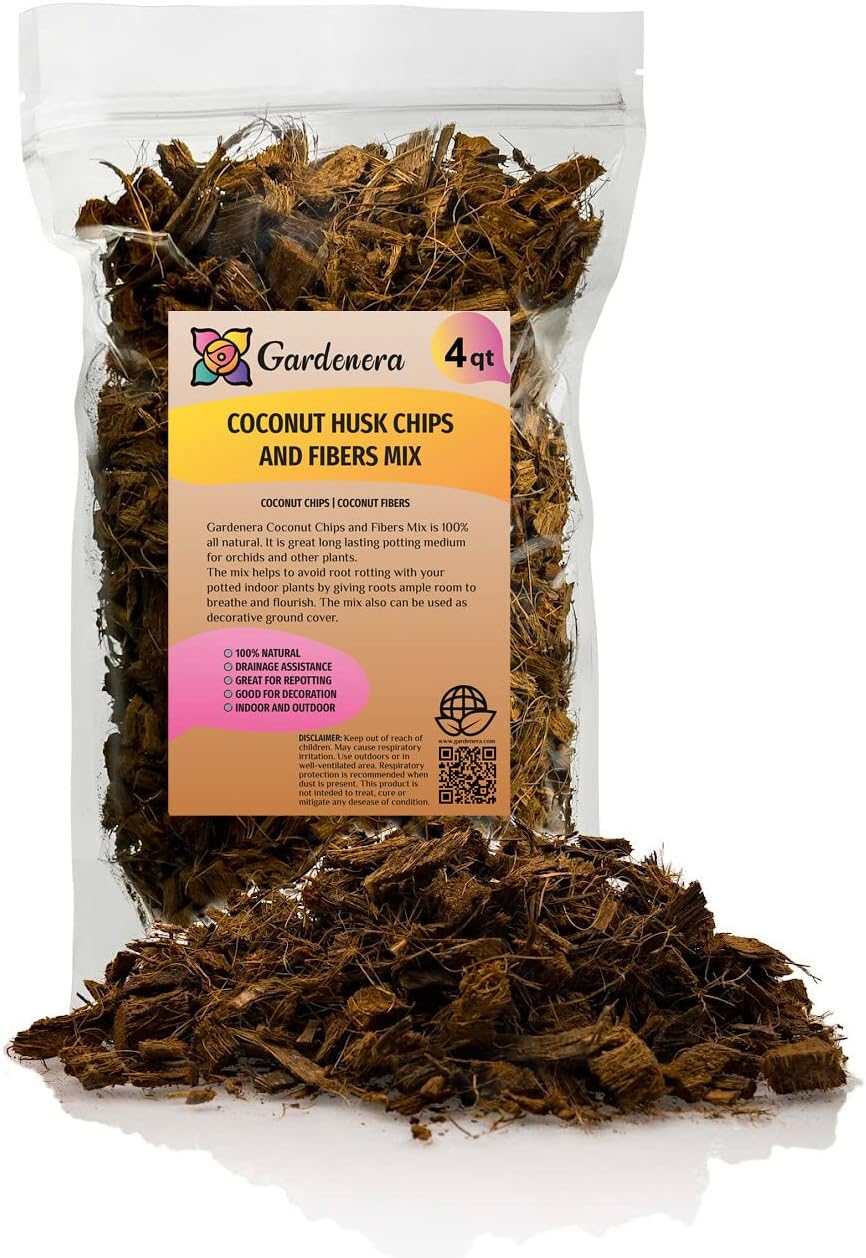 Premium Coconut Husk Chips and Fibers Mix for Orchids, Houseplant, Monstera and Fiddle Leaf Fig by GARDENERA (4 Quart Bag)