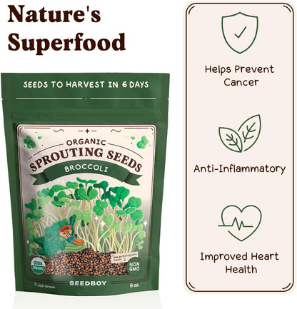 Seedboy Organic Non-GMO Broccoli Seeds for Sprouting - USA Grown Microgreens Sprouting Seeds - 8 oz Bag Makes 8 Quarts / 24 Servings (Di Cicco Broccoli)