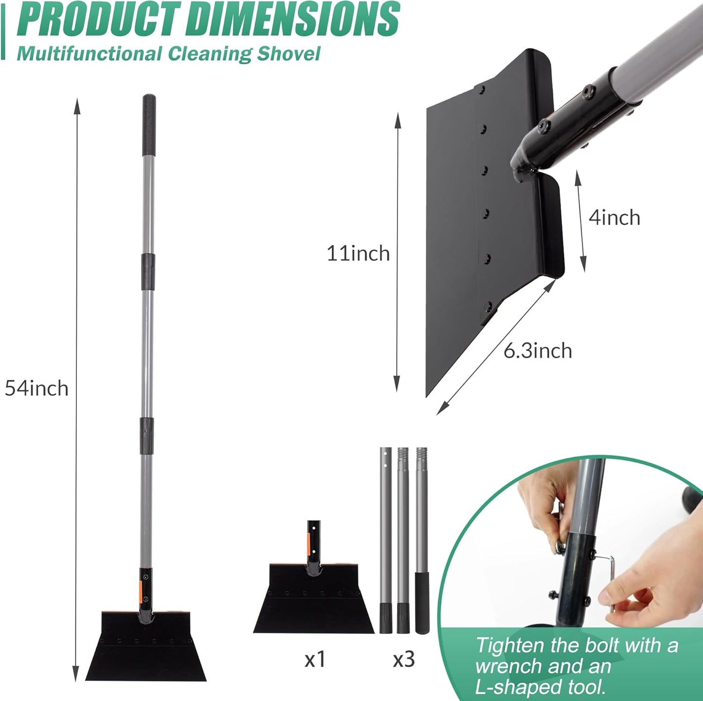 Suchtale 54 Inch Heavy Duty Snow Shovel and Ice Scraper with Adjustable Long Handle, Multifunctional Floor Scraper Tool for Driveway, Sidewalk, Garden and Outdoor Cleaning
