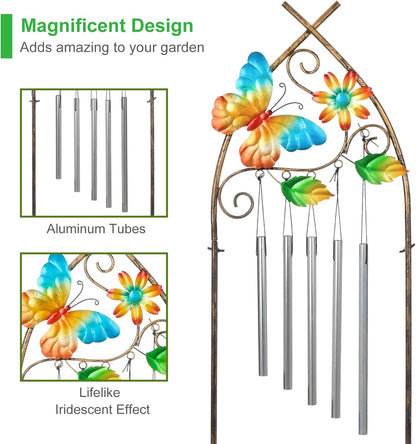 Plant Stands with Garden Trellis, 48” Metal Standing Wind Chimes Plant Pot Trellis with Butterfly for Garden Patio Backyard Climbing Plants Outdoor Decor
