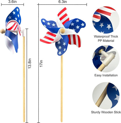IiILittle 12 Pack Patriotic Pinwheels, No Assembly Required, American Flag Pinwheels, Wind Spinners for Yard for 4th of July Decor, Memorial Day Decor, Patriotic Outdoor Decor