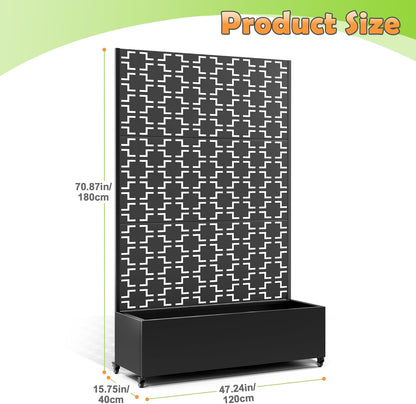 Metal Raised Garden Bed with Trellis, 2-in-1 Planter Box & Privacy Screen for Climbing Plants, Outdoor Standing Flower Bed with Drainage Holes, 47.2" L x 16.7" W x 70.8" H, Black-Square