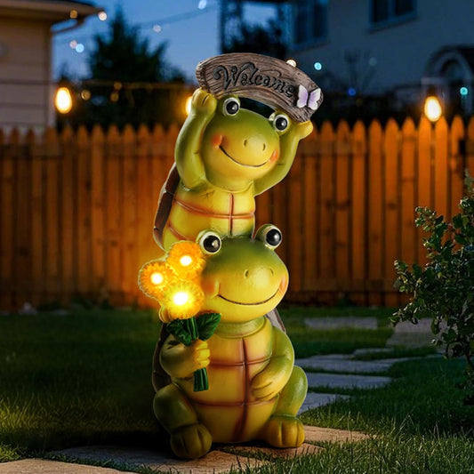 Garden Turtle Outdoor Statues, Solar Garden Statue Two Sweet Frog Face Turtles Decor with 3 LED Lights, for Patio Lawn Porch Yard,Gifts for Birthday, Easter, Housewarming