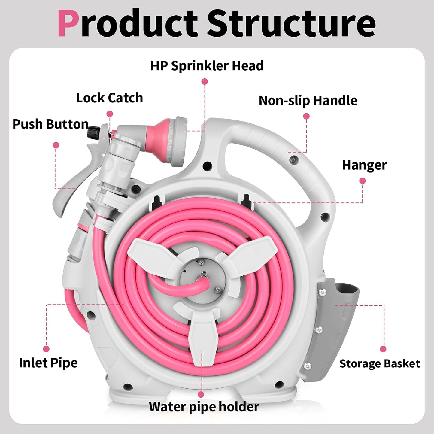 Kitness Mini Retractable Garden Hose Reel, Portable Simple Home 45+5 FT Hose Reel with 7 Adjustable Patterns Spray Nozzle&Standard Connector, Watering Hose Reel for Gardens Yards and lawns (Rose red)