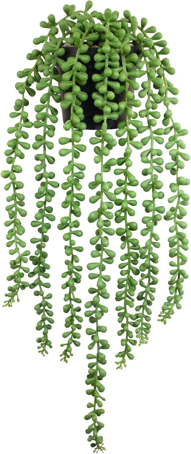 Fake Plants Indoor Artificial String of Pearls Plant in Black Pots, Long - Trail Realistic Green Faux Hanging Succulents Plants for Living Room, Kitchen, Balcony, Garden, Bedroom Decor