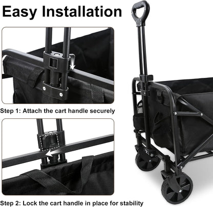 Heavy-Duty Collapsible Wagon Cart with Wheels, Lightweight Foldable Utility Cart with Adjustable Handle for Outdoor Use – Ideal for Grocery Shopping, Camping, Sports, Fishing, and More (Black)