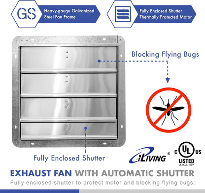 iLIVING 16" Wall Mounted Shutter Exhaust Fan, Automatic Shutter, with Thermostat and Variable Speed controller, 0.85A, 1200 CFM, 1800 SQF Coverage Area Silver (ILG8SF16V-ST)