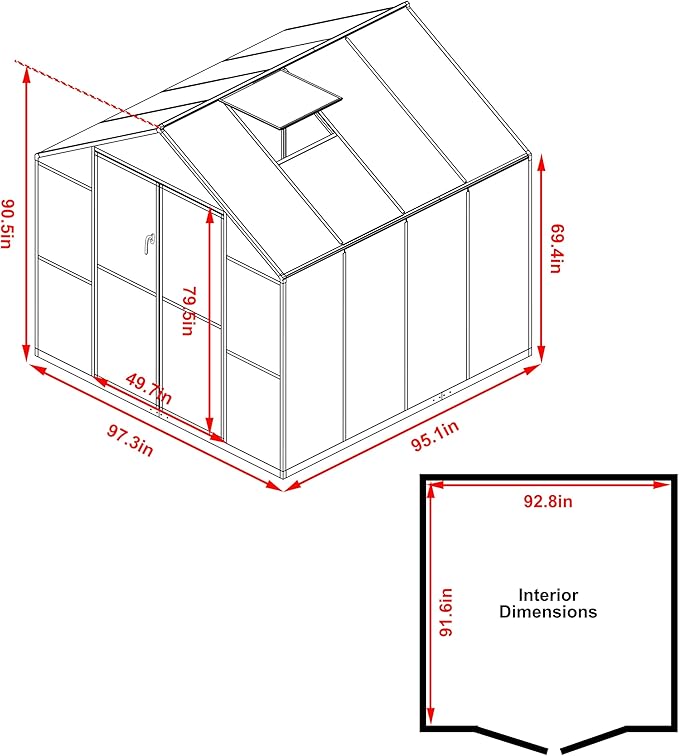 8x8 FT Outdoor Greenhouse Kit, Polycarbonate Aluminum Walk-in Greenhouse with Adjustable Roof Vent and Lockable Door, Backyard Garden in Winter, Gray