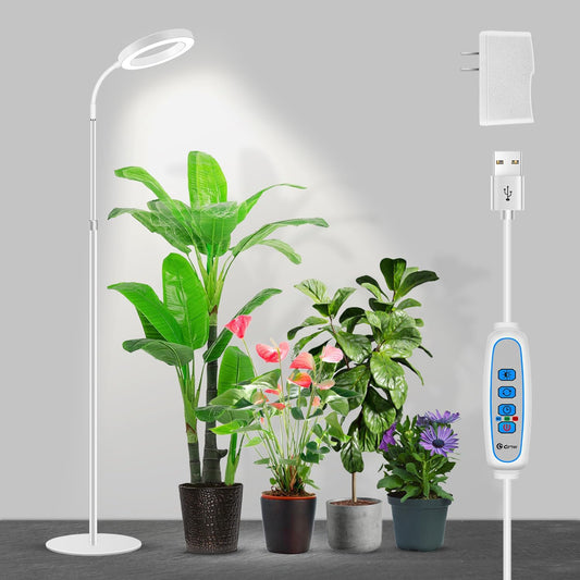 Garpsen Grow Light, Full Spectrum LED Plant Lights with Stand, 3 Color Modes Floor Grow Lamp with Timer 6/12/16H, 5 Dimmable Levels, 67'' Adjustable Height for Indoor Large Plants(White)