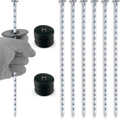 50 Pack 10-Inch Spiral Landscape Stakes wifh 50 Gasket, Heavy Duty Galvanized Metal Garden Landscape Stakes Kit for Securing Weed Barrier, Landscape Fabric, Artificial Grass, Floor Mat