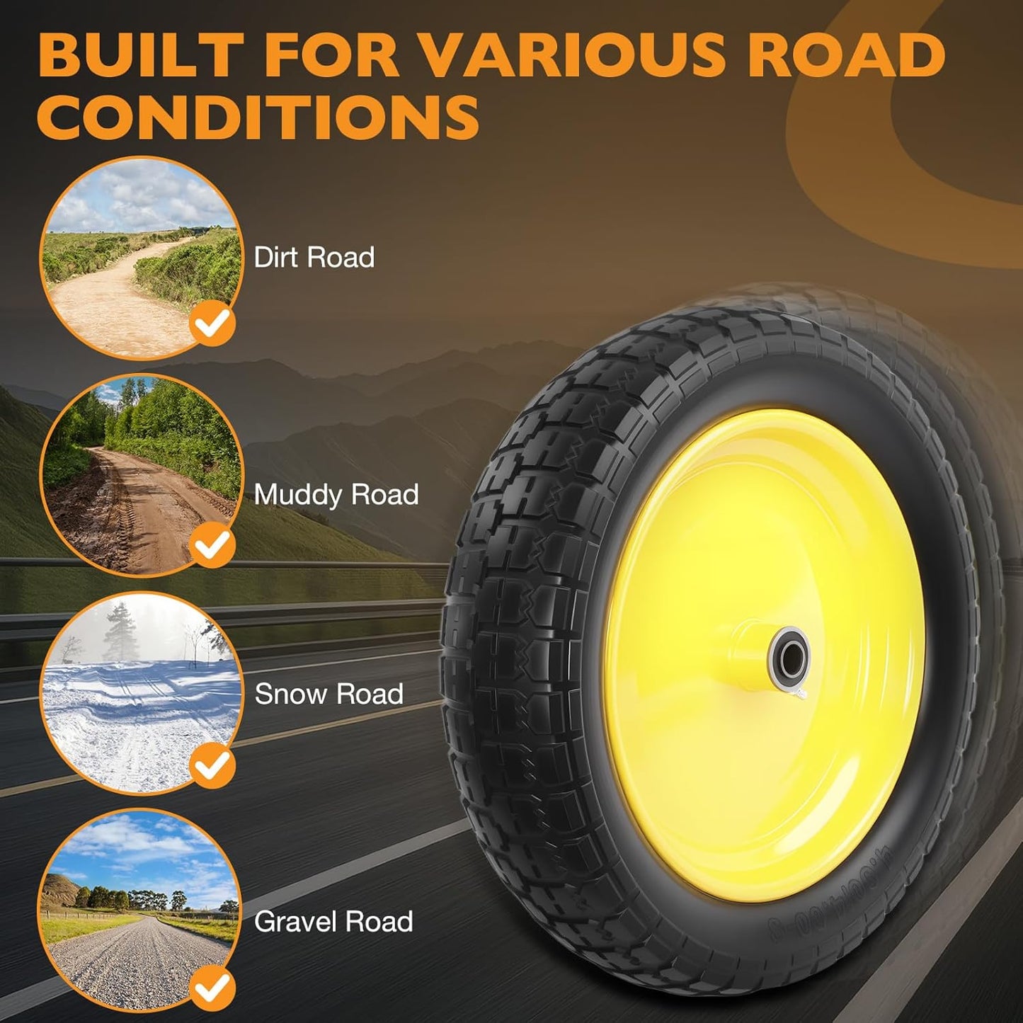 HQPASFY 16" Flat Free Tire 4.80/4.00-8 Wheelbarrow Tire and Wheel, 3" Centered Hub, 5/8" & 3/4" Bearings – Solid No-Flat Replacement for Wheelbarrows, Garden Carts, Dump Carts, Lawn Equipment