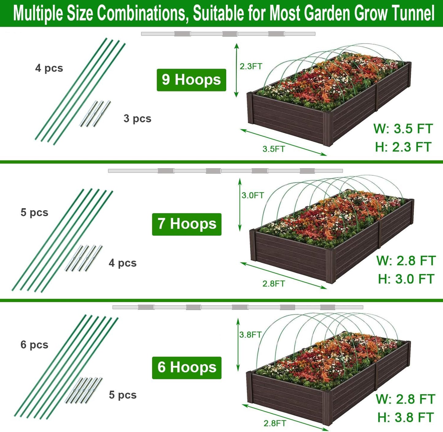 Garden Hoops for Raised Bed, 36 PCS Greenhouse Hoops 6 Sets of 8.5 FT Long Garden Arch Greenhouse Frame Rust-Free Fiberglass Garden Hoops for Row Cover Netting Shade Cloth