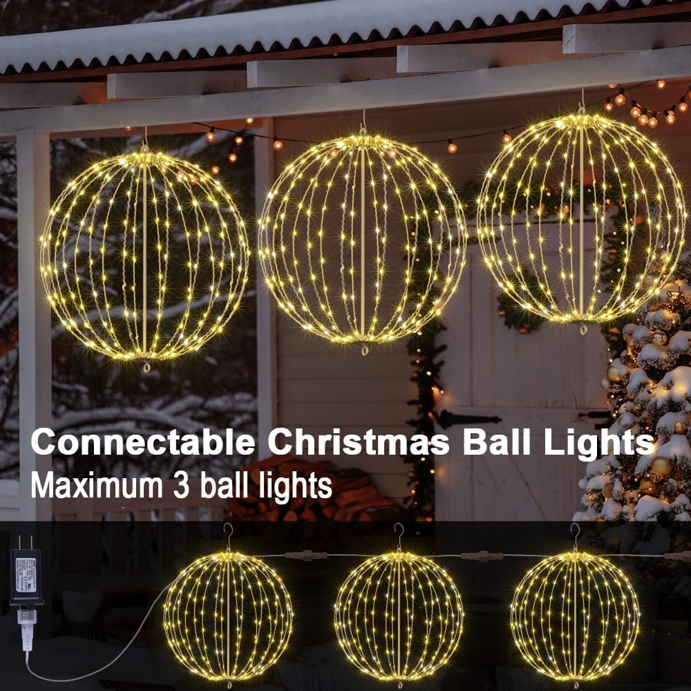 LIGHTSHARE 20IN 200LED Light Ball Yard Decoration Pathway Lights Sphere Light Fold Flat Metal Frame Indoor Outdoor Waterproof Garden Lights, Plug in