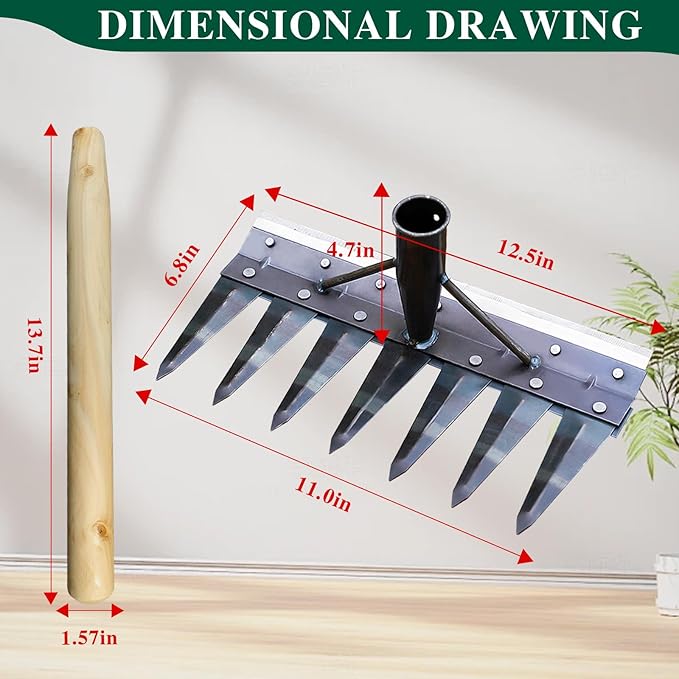 7-Pronged Heavy-Duty Garden Tiller Featuring a Wooden Handle,Iron Weed Puller Tool,New Spray-Painted Iron Manual Weed rake,Gardinia uprooting Tool,Suitable for Lawn and Garden