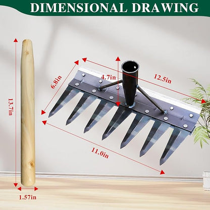 7-Pronged Heavy-Duty Garden Tiller Featuring a Wooden Handle,Iron Weed Puller Tool,New Spray-Painted Iron Manual Weed rake,Gardinia uprooting Tool,Suitable for Lawn and Garden