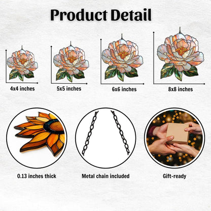 Pastel Pink Peony Acrylic Suncatcher Stained Glass Effect Window Car Hanging Christmas Ornament Indoor Outdoor Decor Garden Sun Catcher Panel for Peony Lover for Women Mom Grandma