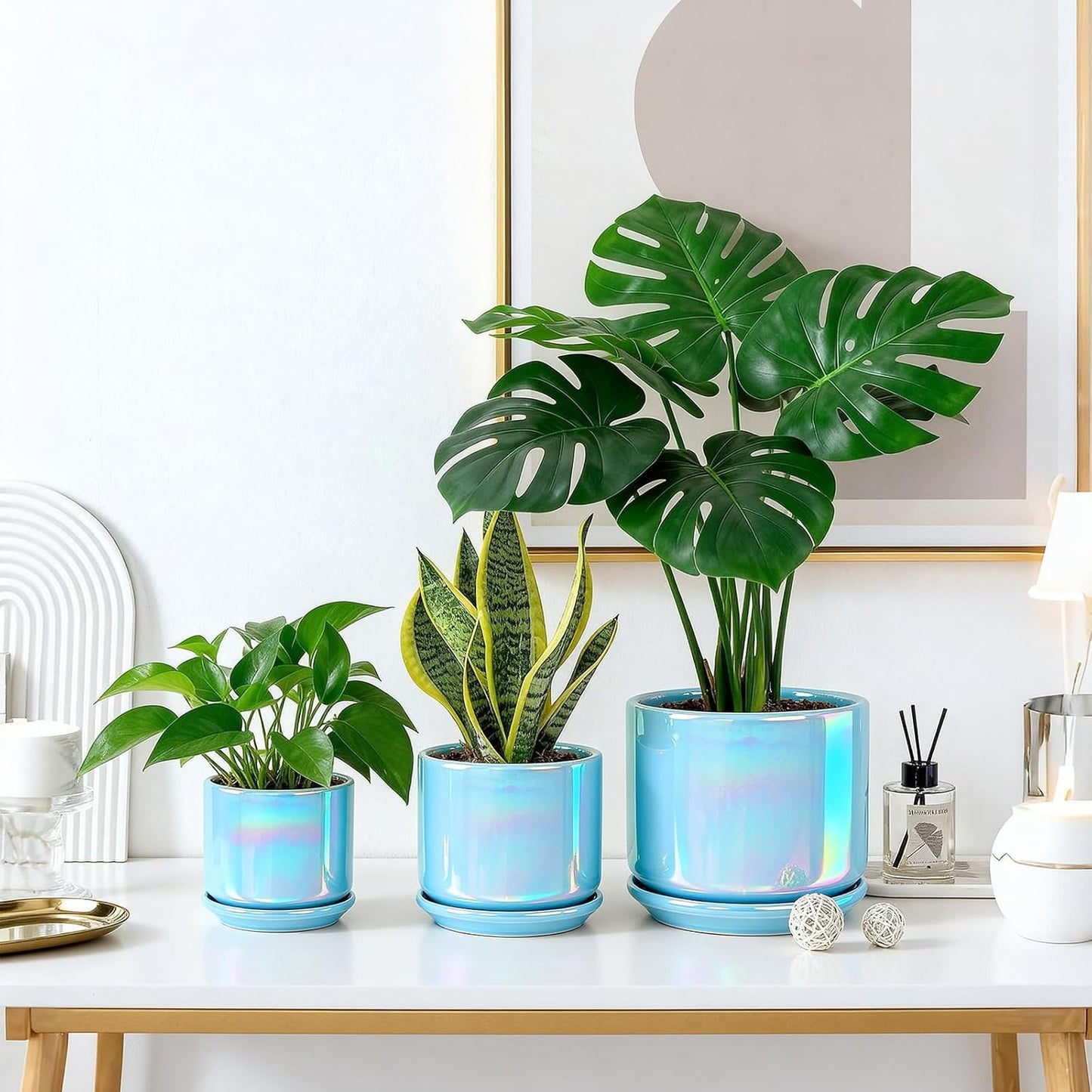 EFISPSS Ceramic Planter 4+5+6 Inch Ceramic Flower pots for Indoor Plants with Drainage,for Succulent Cactus,Garden Planters,Modern Decorative for Home Blue Pearl Glaze Plant Pots